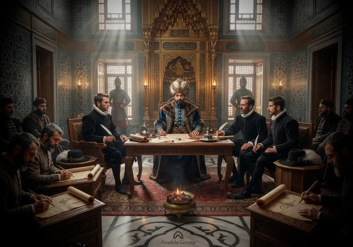 1562 İstanbul Antlaşması görüşmelerini Topkapı Sarayı'nda Osmanlı devlet adamları ile Habsburg elçilerinin müzakere ettiği tarihî sahne.
