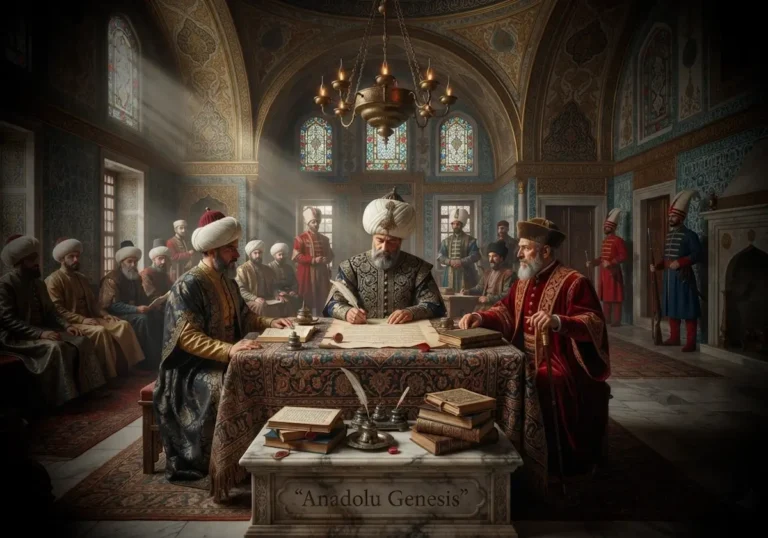1573 İstanbul Antlaşması sırasında Osmanlı ve Venedik temsilcilerinin Topkapı Sarayı'nda barış görüşmelerini betimleyen tarihî sahne.