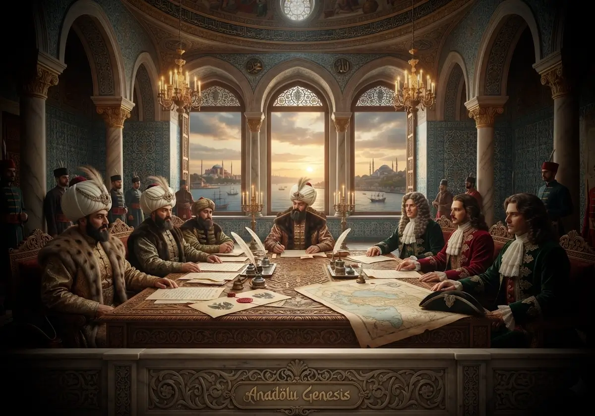 1700 İstanbul Antlaşması'nın Osmanlı sarayında imzalanışını betimleyen, Osmanlı ve Rus delegelerini gösteren tarihî sahne.
