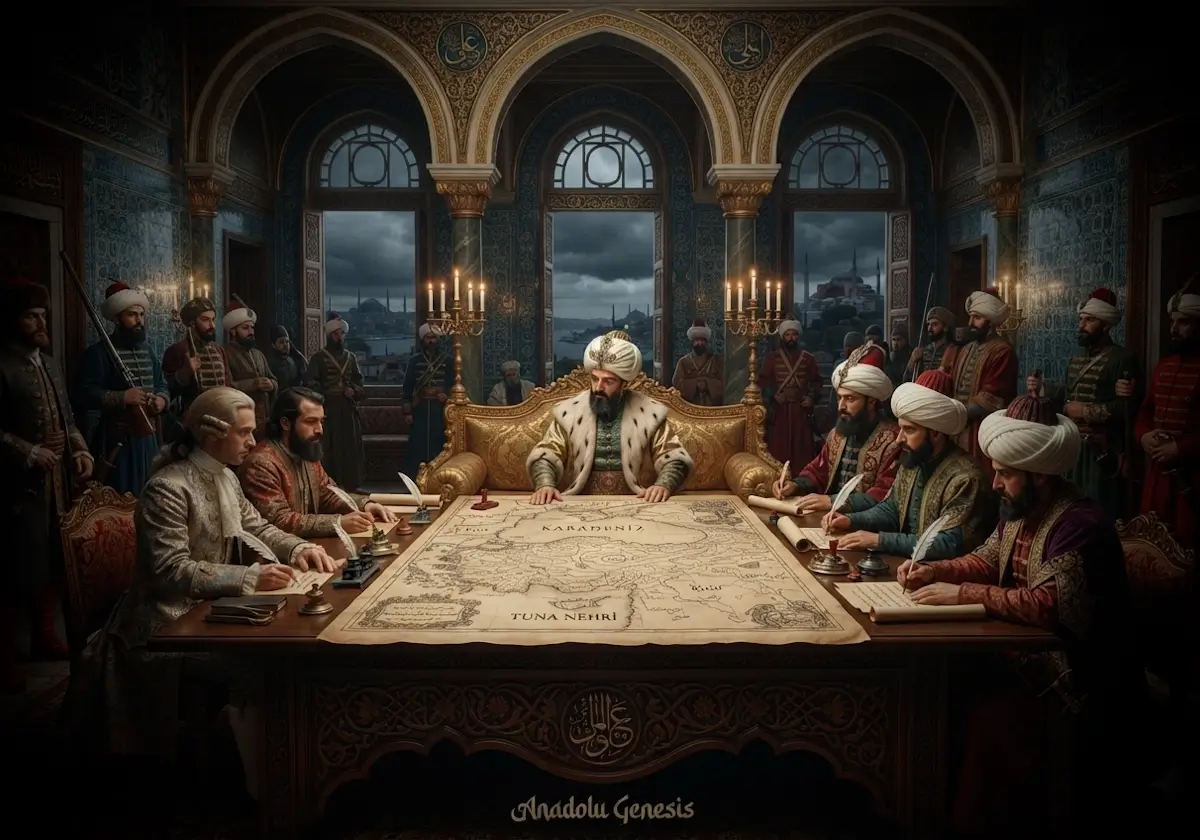 1736 yılında Osmanlı sarayında Rusya ile yaşanan diplomatik krizi ve Karadeniz stratejisini yansıtan tarihî Divan toplantısı sahnesi.
