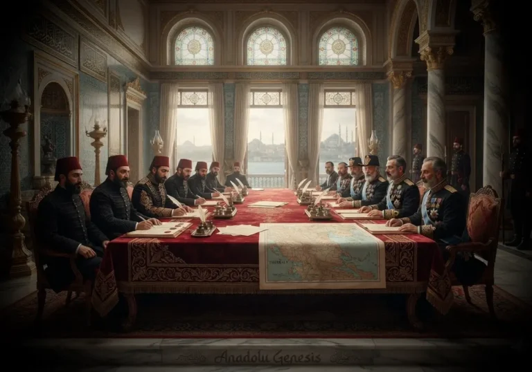 1881 İstanbul Antlaşması sırasında Osmanlı ve Yunan temsilcilerinin yeni sınırı belirleyen diplomatik görüşmelerini tasvir eden tarihsel sahne.