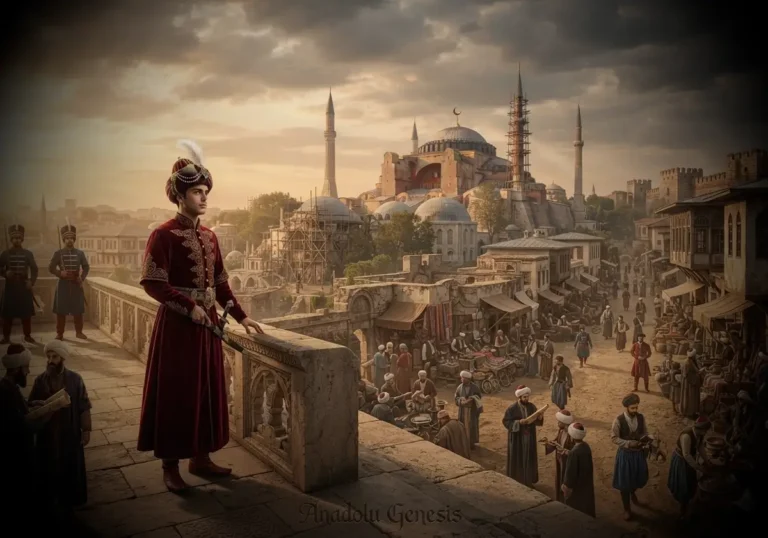 1453 sonrası İstanbul'da Osmanlı yönetiminin başladığı dönemi, Fatih Sultan Mehmed ve yeniden canlanan tarihi başkenti gösteren canlandırma.