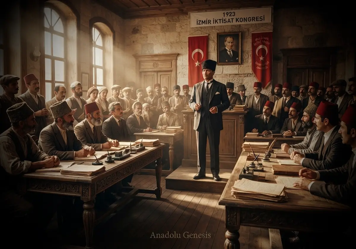 1923 İzmir İktisat Kongresi'nde ekonomik bağımsızlık ve kalkınma hedeflerinin tartışıldığı tarihî toplantıyı betimleyen sahne.