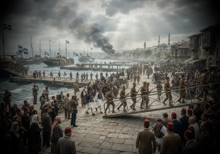 1919'da İzmir Limanı'nda Yunan askerlerinin çıkarmasını ve halkın yaşadığı tarihi atmosferi gösteren gerçekçi tarih sahnesi.