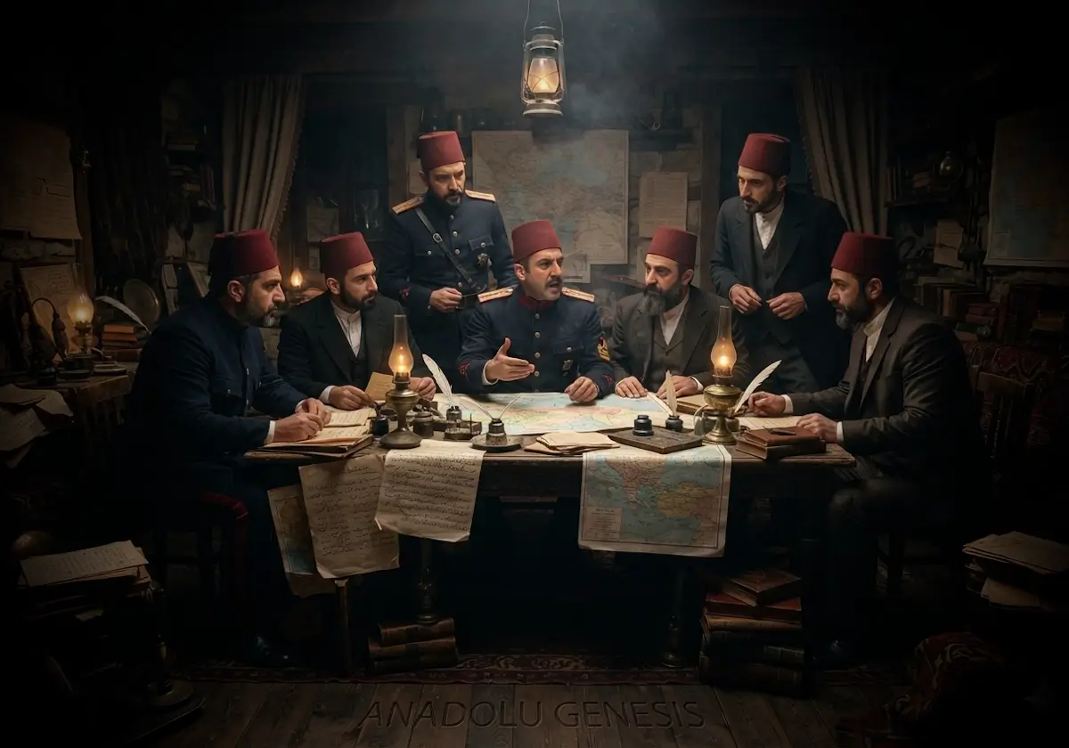 Selanik'te anayasal yönetimi tartışan Jön Türk aydınlarını ve subaylarını gösteren tarihî sahne, Osmanlı'da muhalefetin gelişimini betimliyor.