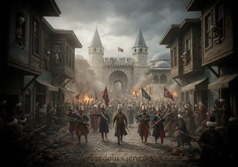 1807 Kabakçı Mustafa İsyanı sırasında İstanbul'da Nizam-ı Cedid karşıtı ayaklanmayı ve III. Selim döneminin tarihsel atmosferini gösteren sahne.