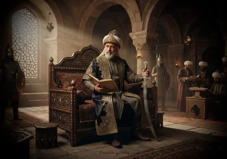 Kadı Burhaneddin'i XIV. yüzyıl Anadolu sarayında hükümdar ve divan şairi kimliğiyle tasvir eden tarihsel sahne.