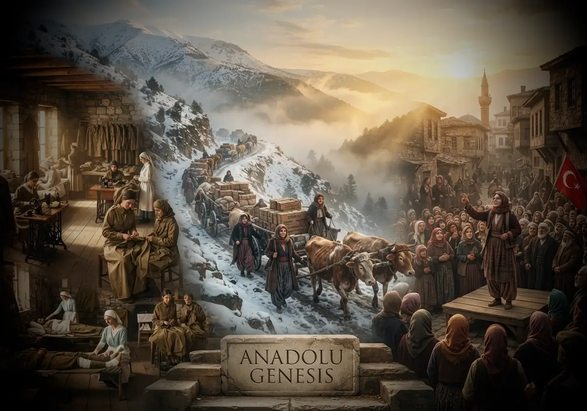Kurtuluş Savaşı sırasında kağnılarla cephane taşıyan Anadolu kadınlarını ve cephe gerisindeki destek faaliyetlerini gösteren tarihî sahne.