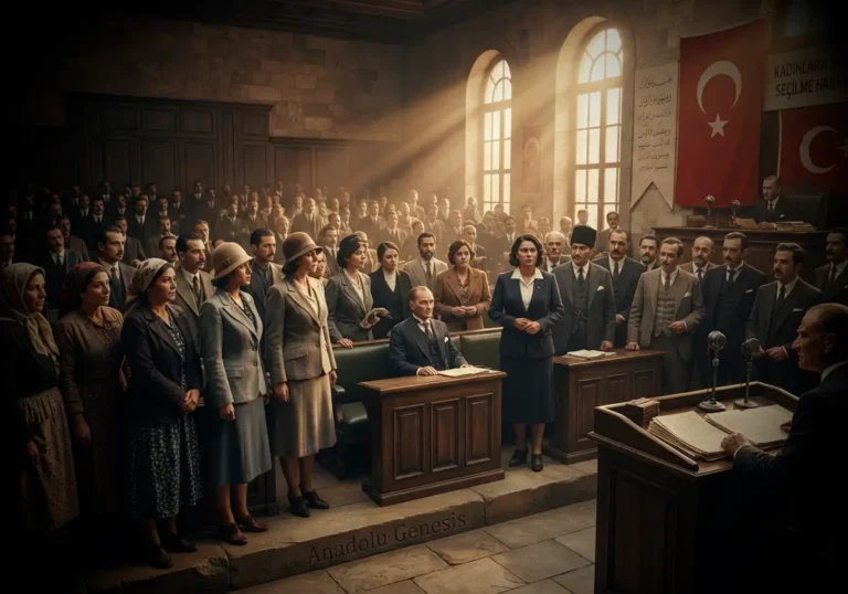 1934 yılında TBMM'de kadınlara seçme ve seçilme hakkının kabulünü temsil eden tarihî oturumun gerçekçi tasviri.