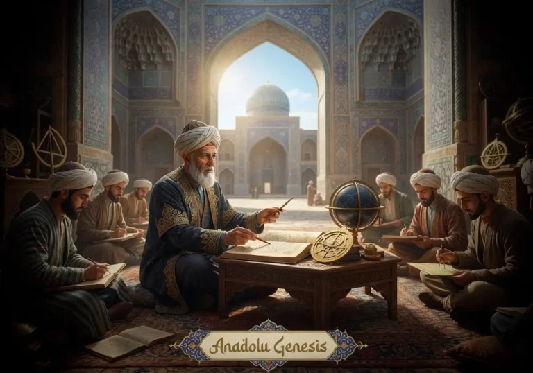Kadızade-i Rumi'nin Semerkand Medresesi'nde matematik ve astronomi dersleri verdiğini tasvir eden tarihî görsel.