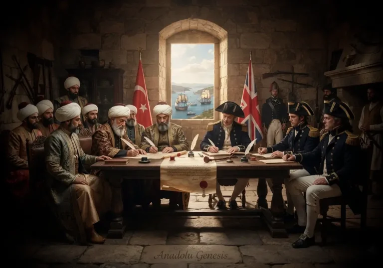 1809 Kale-i Sultaniye Antlaşması'nın Osmanlı ve İngiliz temsilcileri arasında Çanakkale'de imzalanışını tasvir eden tarihî sahne.