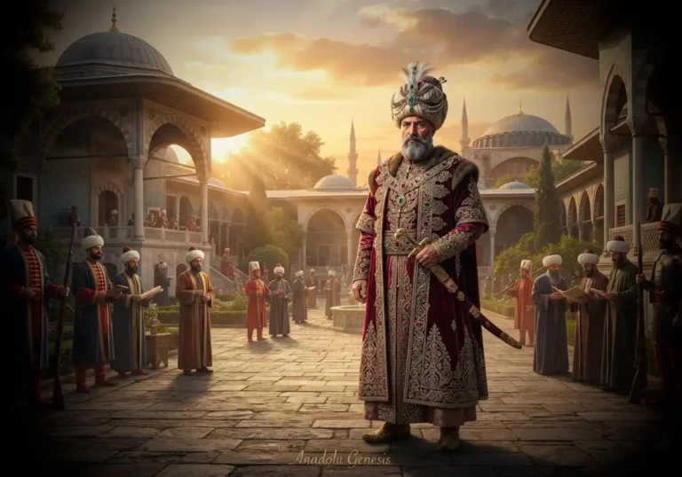 Kanuni Sultan Süleyman'ın Topkapı Sarayı'nda Osmanlı'nın zirve dönemini yansıtan tarihsel atmosferde gerçekçi tasviri.