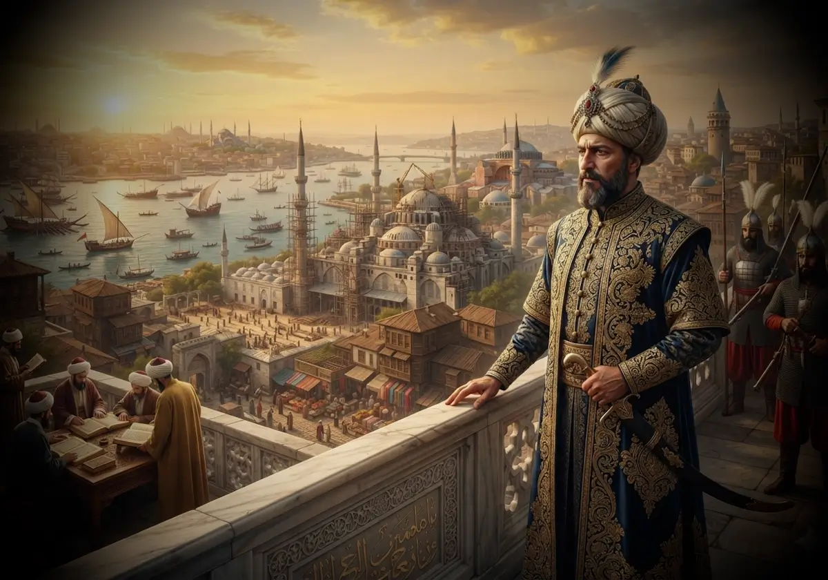 Kanuni Sultan Süleyman döneminde İstanbul, Süleymaniye Külliyesi ve Osmanlı'nın siyasi ile kültürel gücünü yansıtan tarihî sahne.