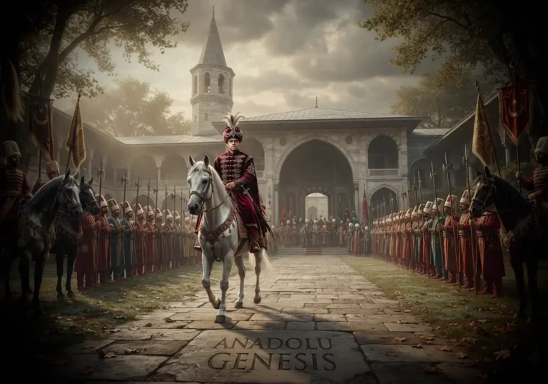 1520 yılında Kanuni Sultan Süleyman'ın İstanbul'da Osmanlı tahtına çıkışını betimleyen tarihsel ve sinematik sahne.