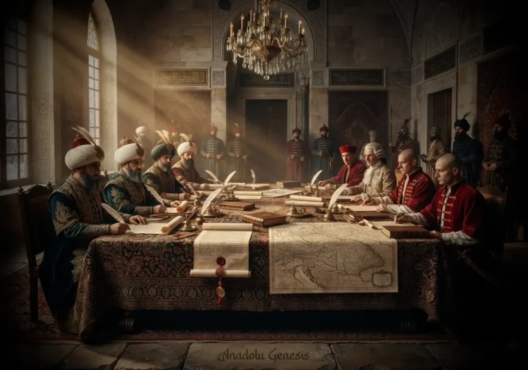 1699 Karlofça Antlaşması'nın imzalandığı diplomatik görüşmeleri tasvir eden, Osmanlı ve Avrupa delegelerini tarihî atmosfer içinde gösteren sahne.