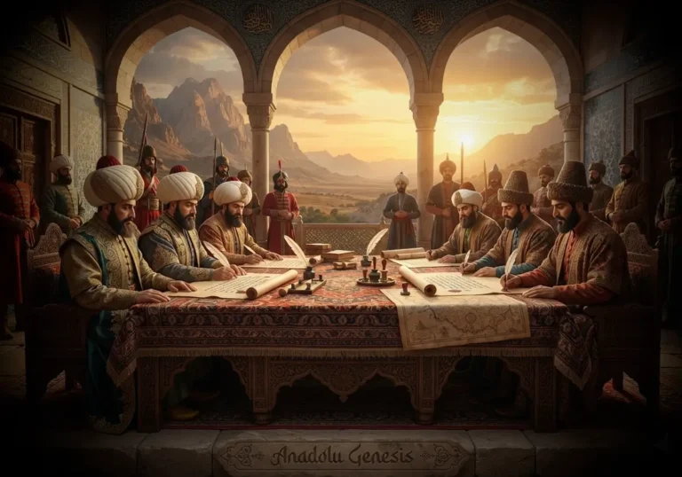 1639 Kasr-ı Şirin Antlaşması'nı temsil eden Osmanlı ve Safevi elçilerinin tarihî müzakeresini gösteren ayrıntılı sahne.