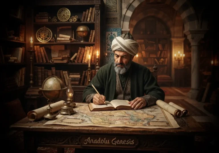 Katip Çelebi'nin 17. yüzyıl Osmanlı kütüphanesinde haritalar ve el yazmaları arasında bilimsel çalışmalarını tasvir eden tarihsel sahne.
