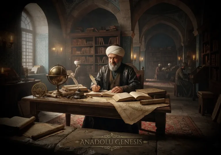 17. yüzyıl Osmanlı kütüphanesinde el yazmaları arasında çalışan Kâtip Çelebi'yi gösteren tarihsel ve gerçekçi sahne.