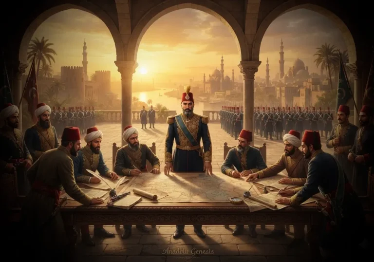 Kavalalı Mehmed Ali Paşa'nın Kahire Kalesi'nde Osmanlı ve Mısır yöneticileriyle devlet işlerini görüştüğü tarihî sahneyi betimleyen görsel.