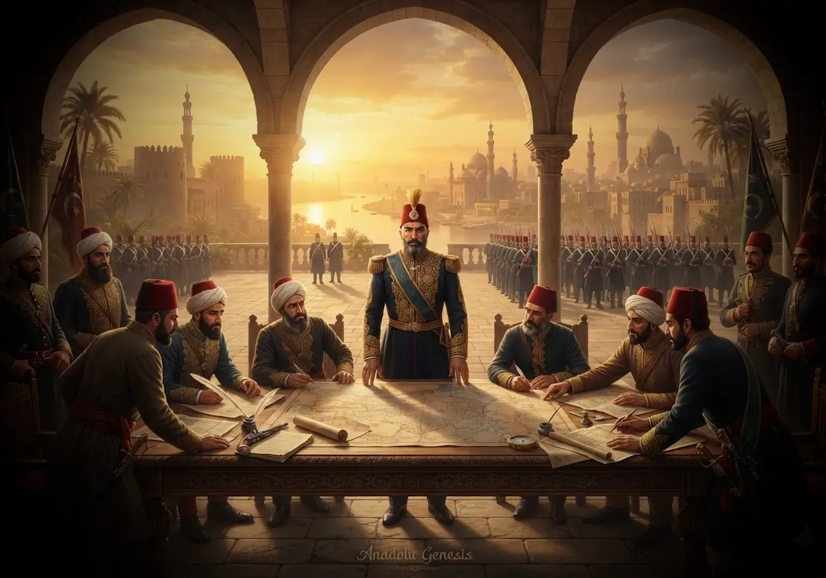 Kavalalı Mehmed Ali Paşa'nın Kahire Kalesi'nde Osmanlı ve Mısır yöneticileriyle devlet işlerini görüştüğü tarihî sahneyi betimleyen görsel.