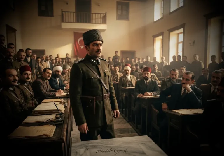 TBMM'de görev yapan Kazım Özalp'i Cumhuriyet'in ilk yıllarındaki tarihî atmosfer içinde gösteren gerçekçi tarihî görsel.