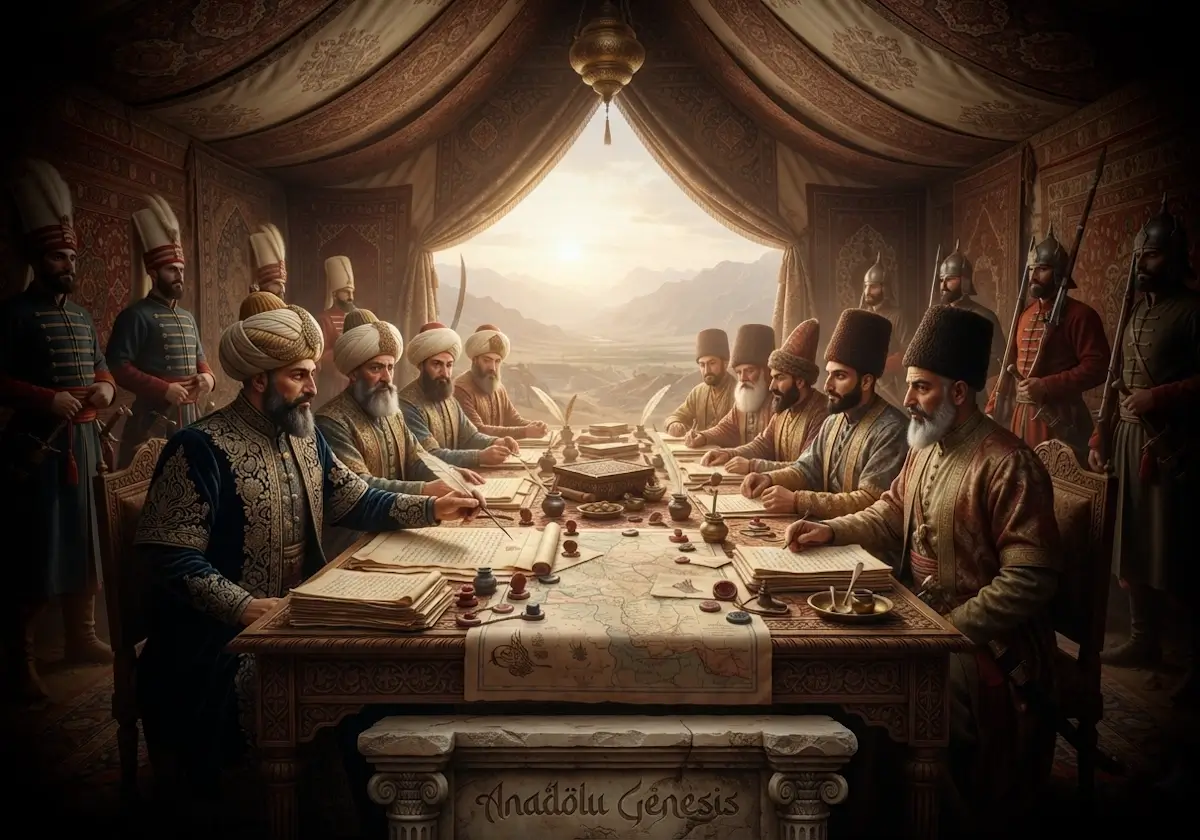 1746 Kerden Antlaşması'nı temsil eden Osmanlı ve İran elçilerinin tarihî sınır görüşmelerini betimleyen gerçekçi diplomatik sahne.