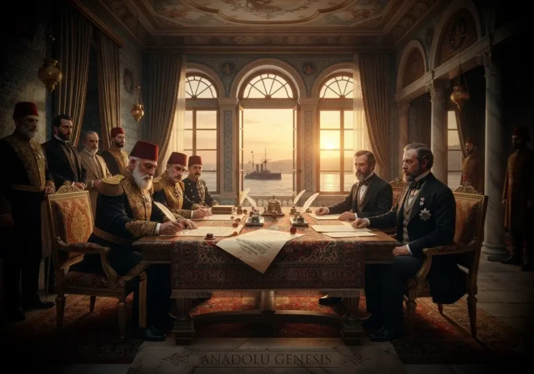 1878 Kıbrıs Sözleşmesi sırasında Osmanlı ve İngiliz diplomatlarının tarihî müzakeresini betimleyen gerçekçi sahne.