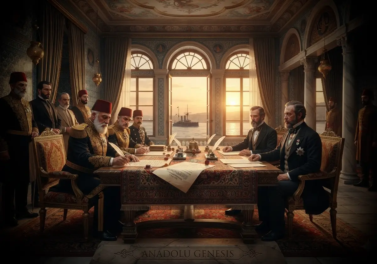 1878 Kıbrıs Sözleşmesi sırasında Osmanlı ve İngiliz diplomatlarının tarihî müzakeresini betimleyen gerçekçi sahne.