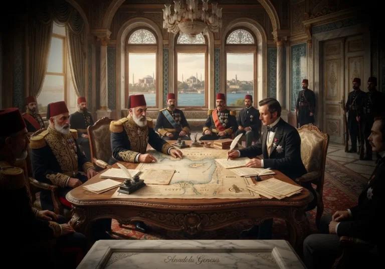 1878 Kıbrıs Sözleşmesi görüşmelerini temsil eden, Osmanlı ve İngiliz diplomatlarını Doğu Akdeniz haritası üzerinde gösteren tarihî sahne.