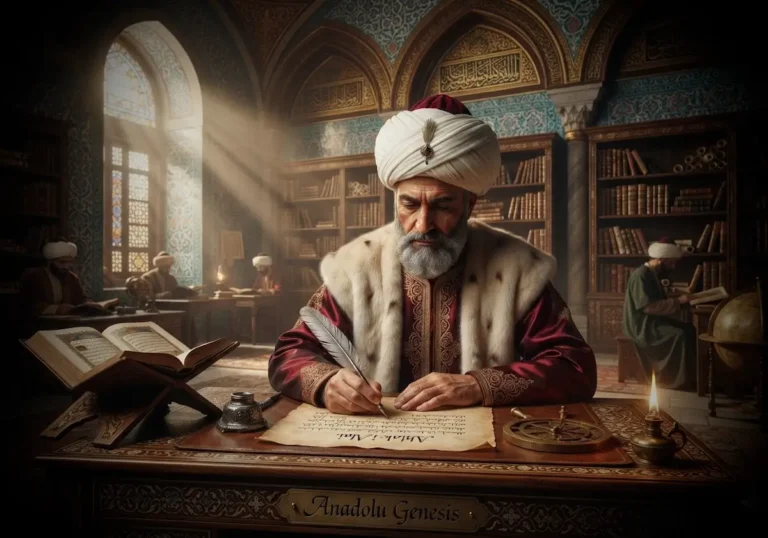 Kınalızade Ali Efendi'nin 16. yüzyıl Osmanlı kütüphanesinde Ahlâk-ı Alâî eserini kaleme alışını betimleyen tarihî sahne.