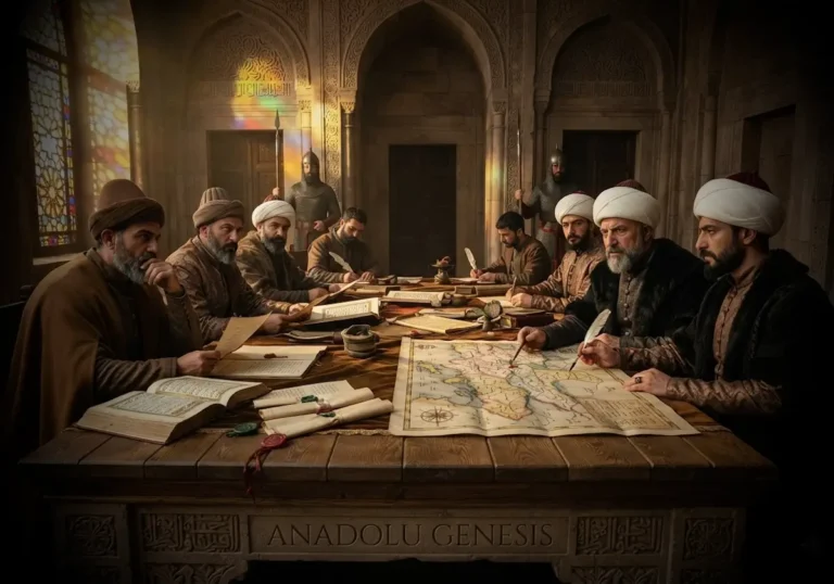 1415 Konya Antlaşması görüşmelerini temsil eden, Osmanlı ve Karaman elçilerinin Selçuklu mimarisi içinde diplomatik müzakeresini betimleyen tarihsel sahne.