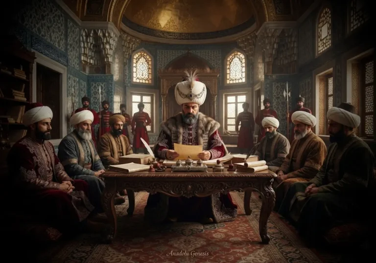 Köprülü Fazıl Ahmed Paşa'nın Divan-ı Hümayun'da devlet işlerini yönettiği tarihî sahneyi gösteren Osmanlı dönemi illüstrasyonu.