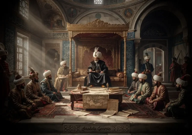 Köprülü Mehmed Paşa'nın Topkapı Sarayı Divan-ı Hümayunu'nda devlet yönetimini üstlendiği dönemi tasvir eden tarihî Osmanlı sahnesi.