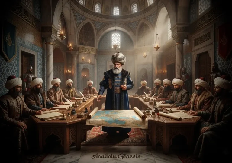 17.yüzyılda Köprülü Mehmed Paşa'nın Divan-ı Hümayun'da reformları yönettiğini betimleyen tarihsel Osmanlı yönetim sahnesi.