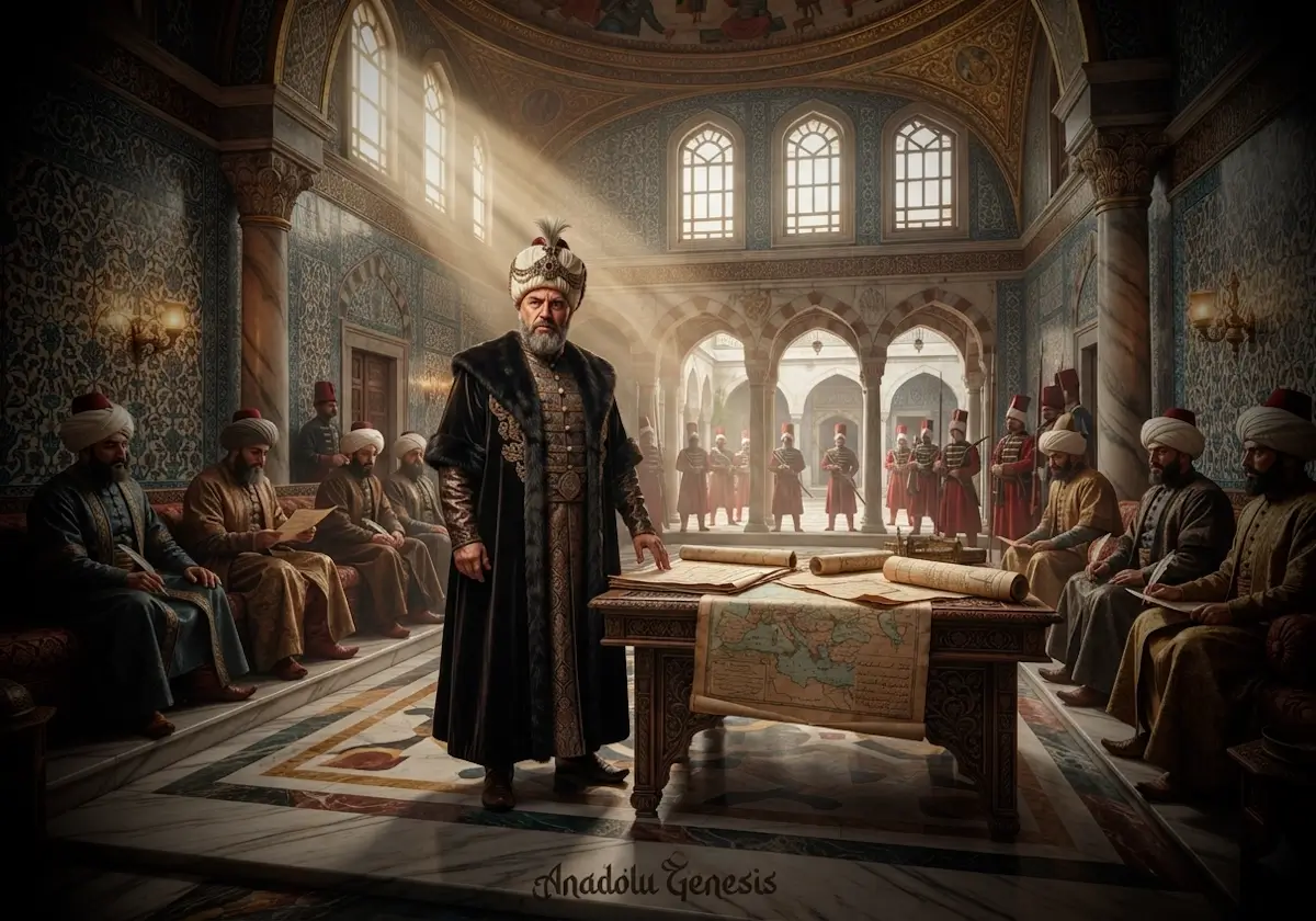 Köprülü Mehmed Paşa'nın Divan-ı Hümayun'da Osmanlı yönetimini yeniden düzenlediğini tasvir eden tarihî ve sinematik sahne.