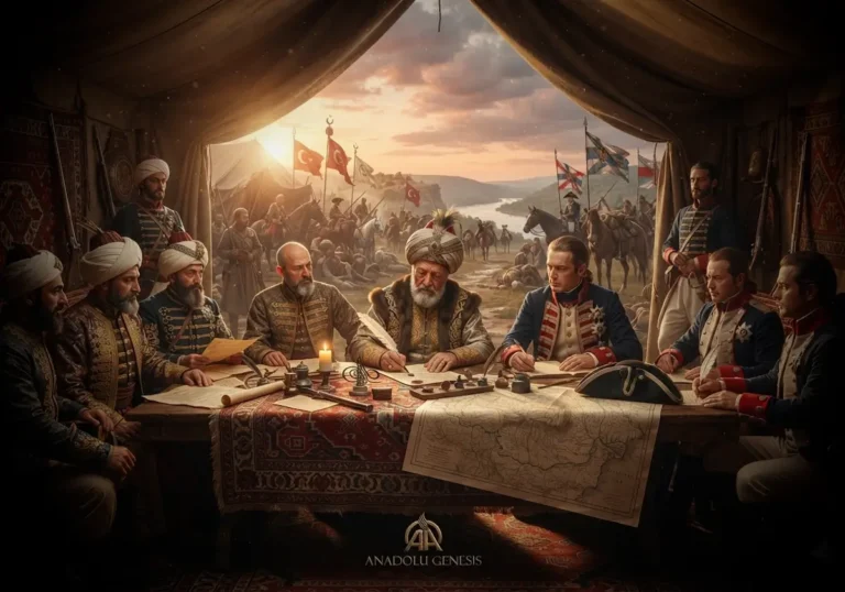 1774 Küçük Kaynarca Antlaşması'nın imzalanmasını betimleyen tarihî sahne; Osmanlı ve Rus temsilcileri barış görüşmeleri sırasında.