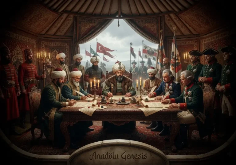 1774 Küçük Kaynarca Antlaşması'nın imzalanmasını betimleyen tarihsel sahnede Osmanlı ve Rus heyetleri diplomatik müzakere masasında görülüyor.