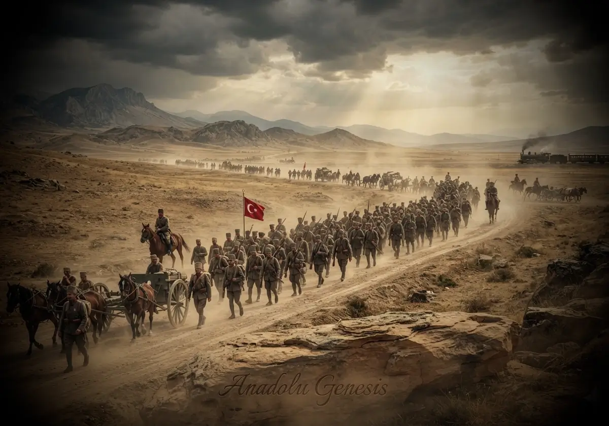 1921 Kütahya-Eskişehir Savaşları sırasında Türk ordusunun Sakarya hattına düzenli geri çekilişini gösteren tarihî sahne.