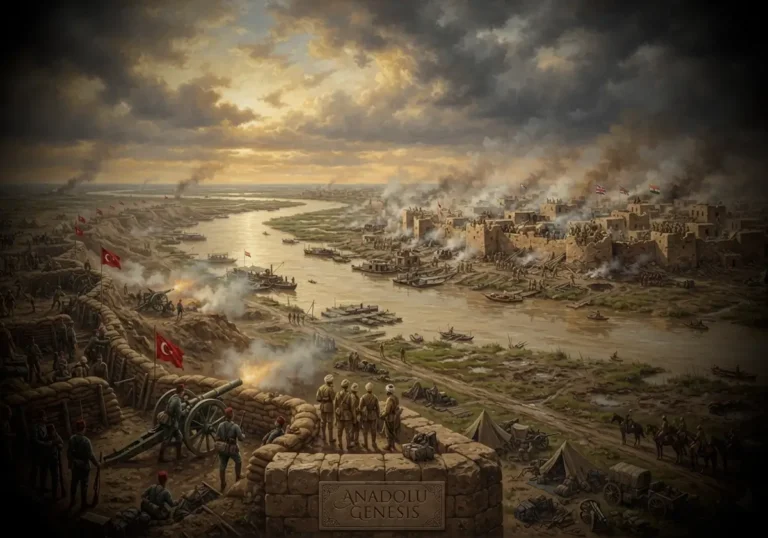 1916 Kut'ül Amare Kuşatması sırasında Dicle kıyısında Osmanlı birliklerinin İngiliz kuvvetlerini kuşatmasını gösteren tarihî canlandırma.