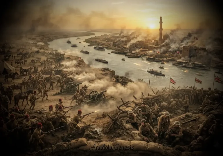 1916 Kut'ül Amare Kuşatması sırasında Dicle Nehri kıyısında Osmanlı birliklerinin İngiliz kuvvetlerini kuşatmasını gösteren tarihî sahne.