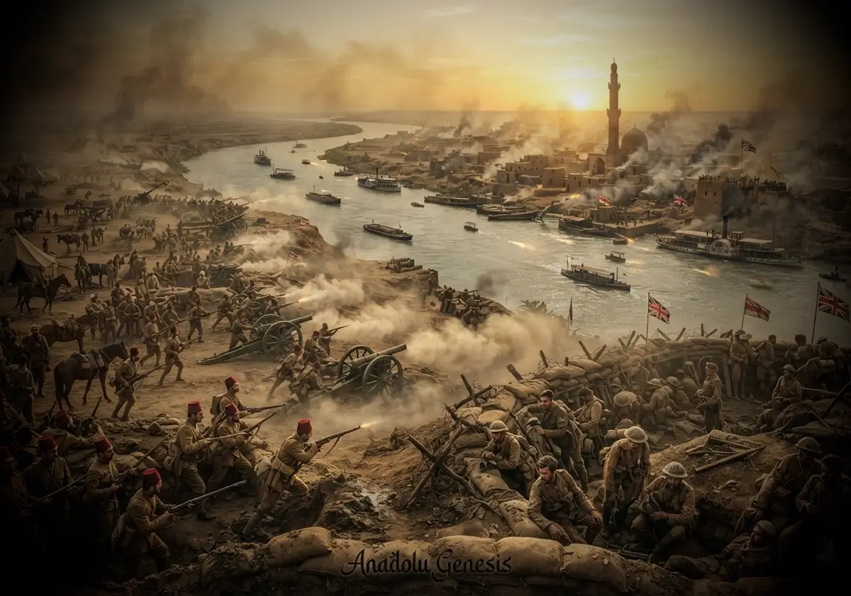 1916 Kut'ül Amare Kuşatması sırasında Dicle Nehri kıyısında Osmanlı birliklerinin İngiliz kuvvetlerini kuşatmasını gösteren tarihî sahne.