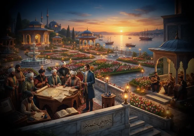 Lale Devri'nde İstanbul'da lale bahçeleri, Osmanlı köşkleri ve bilim ile sanat faaliyetlerini yansıtan tarihî atmosferi gösteren sahne.