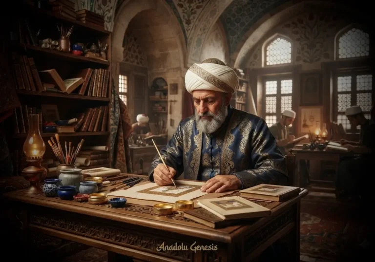 Lale Devri'nde nakkaş Levni'nin Osmanlı saray atölyesinde minyatür hazırlarken tasvir edildiği tarihî ve gerçekçi sahne.