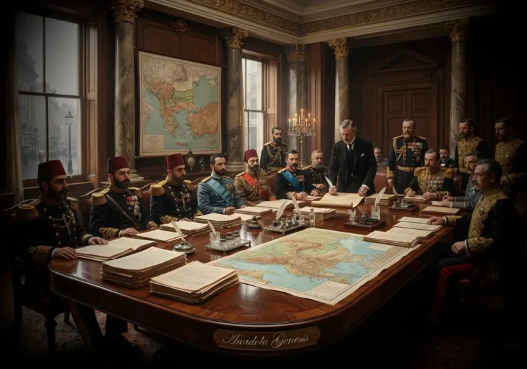 1913 Londra Antlaşması'nın imzalanmasını ve Balkan sınırlarının yeniden çizilişini gösteren tarihî diplomasi sahnesi.
