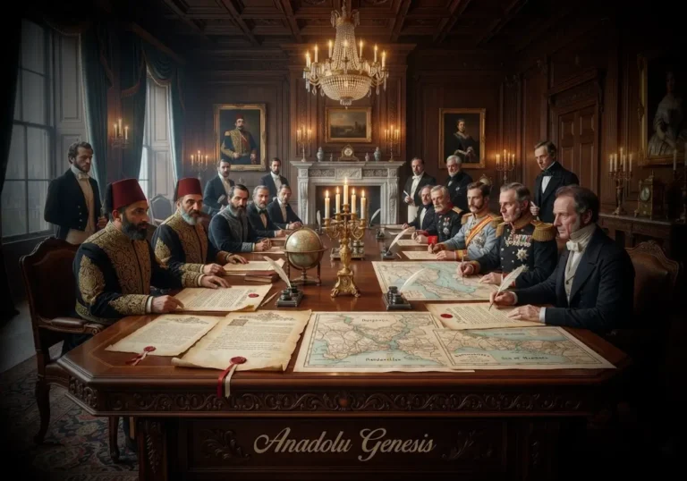 1841 Londra Boğazlar Sözleşmesi'nin imzalandığı diplomatik toplantıyı ve Osmanlı ile Avrupa devletleri arasındaki görüşmeleri betimleyen tarihî sahne.