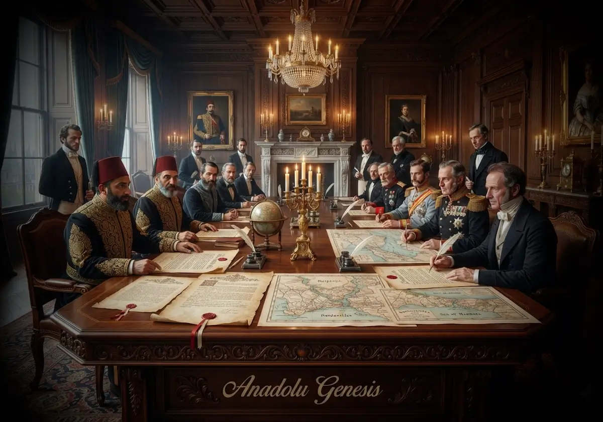 1841 Londra Boğazlar Sözleşmesi'nin imzalandığı diplomatik toplantıyı ve Osmanlı ile Avrupa devletleri arasındaki görüşmeleri betimleyen tarihî sahne.