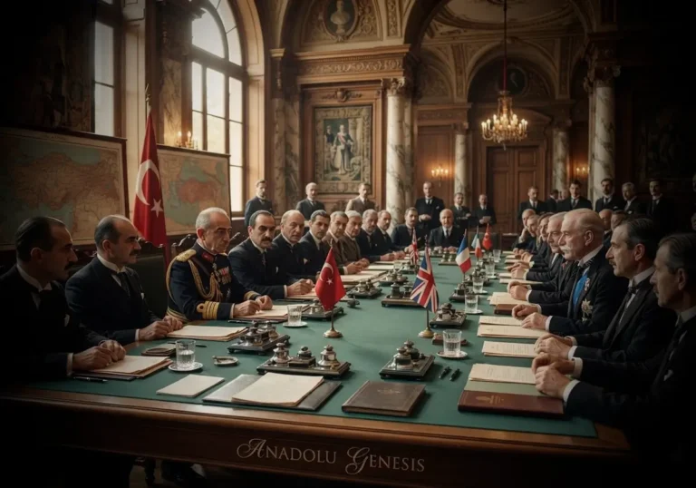 Lozan Barış Konferansı'nda Türk ve İtilaf Devletleri heyetlerinin tarihi müzakerelerini yansıtan gerçekçi diplomatik sahne.