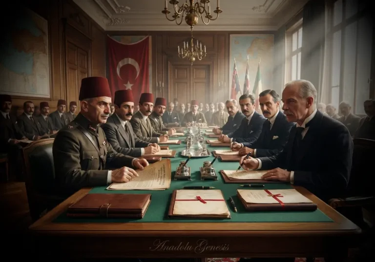 1923 Lozan Barış Konferansı'nda Türk heyetinin uluslararası müzakerelere katıldığı tarihî sahneyi gösteren görsel.