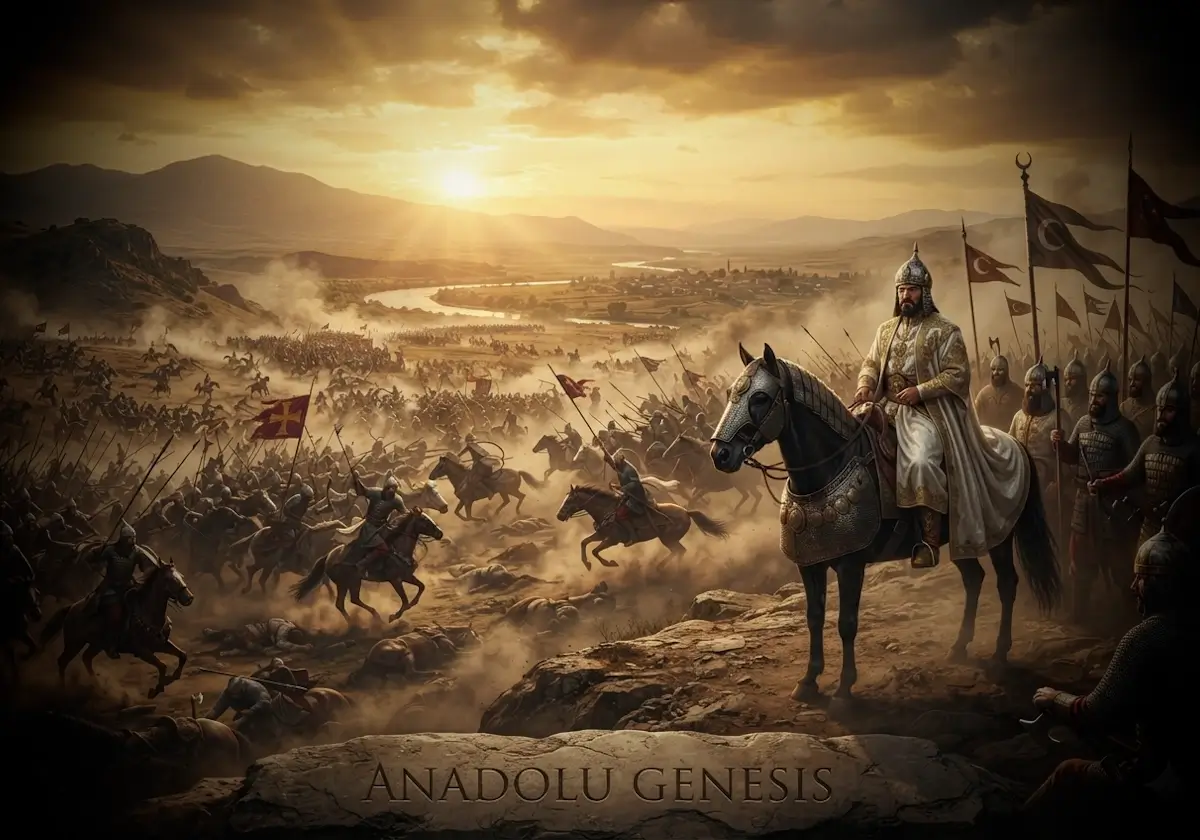 1071 Malazgirt Savaşı'nda Sultan Alp Arslan komutasındaki Selçuklu ordusunun Bizans kuvvetleriyle karşılaştığı tarihî savaş sahnesi.