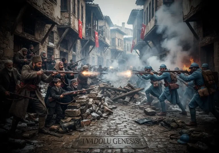 1920 Maraş Savunması sırasında şehir sokaklarında direniş gösteren yerel kuvvetleri ve tarihî şehir dokusunu betimleyen gerçekçi sahne.